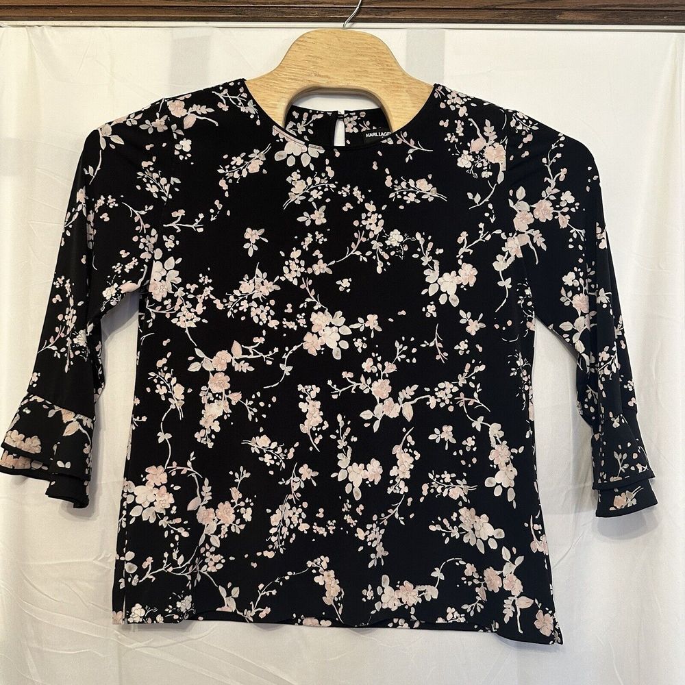 Karl Lagerfeld‎ Womens Size Medium Black Floral Flutter Sleeve Ruffle Blouse Top